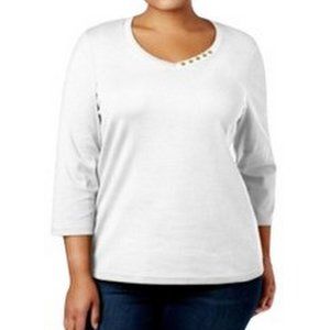 Karen Scott Round V Neck Button 3/4 Sleeve Top